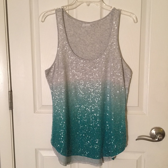 Express Gray/Green Ombré Tank w/ Clear Sequins - Picture 1 of 3